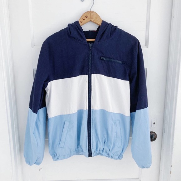 Vintage Jackets & Blazers - Vintage Navy Blue and Light Blue Color Block Cotton Zip Up Jacket with Hood
